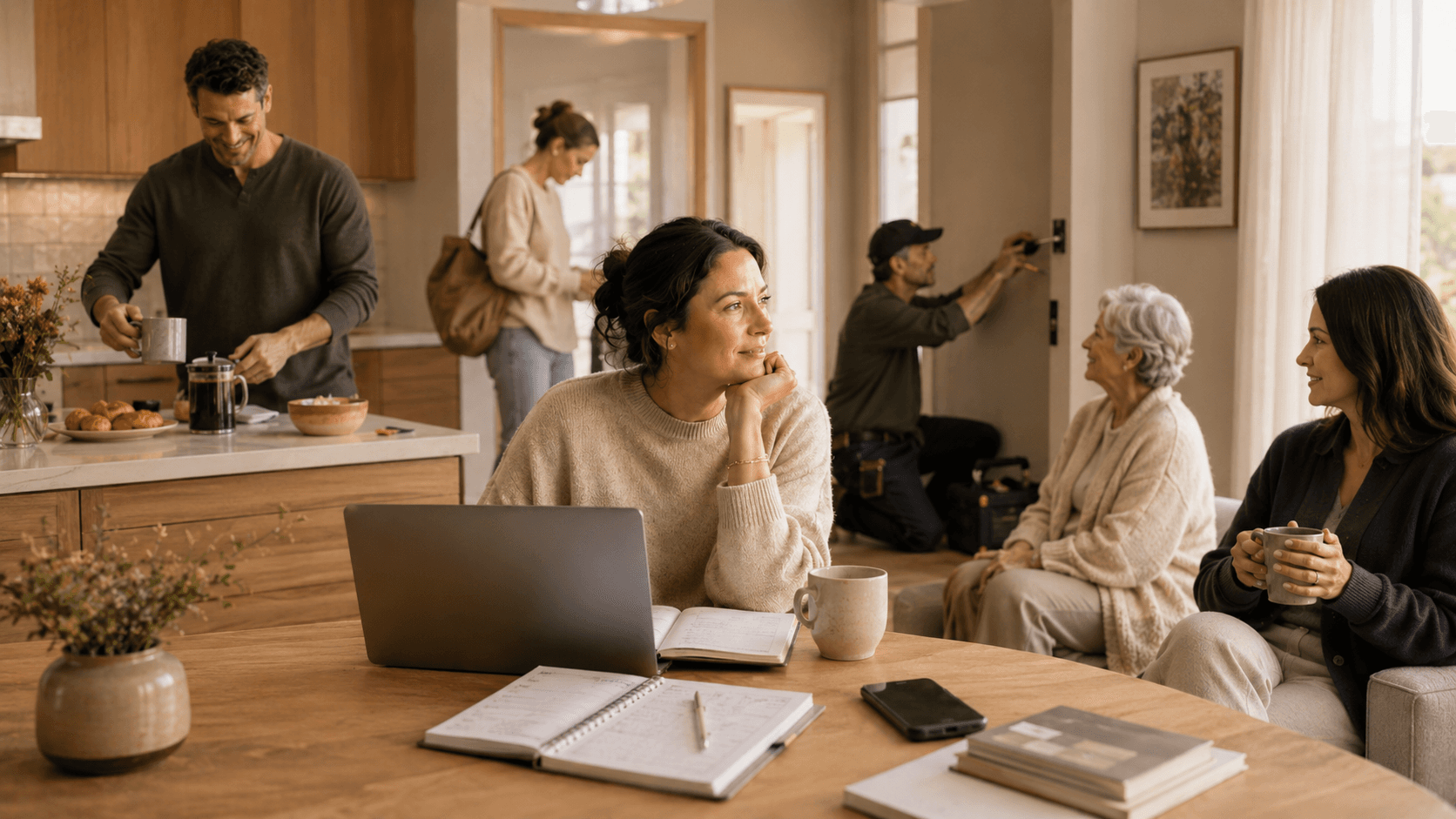 A multi-generational household — a parent at her laptop, a partner making coffee, a grandmother visiting, a contractor at the door.